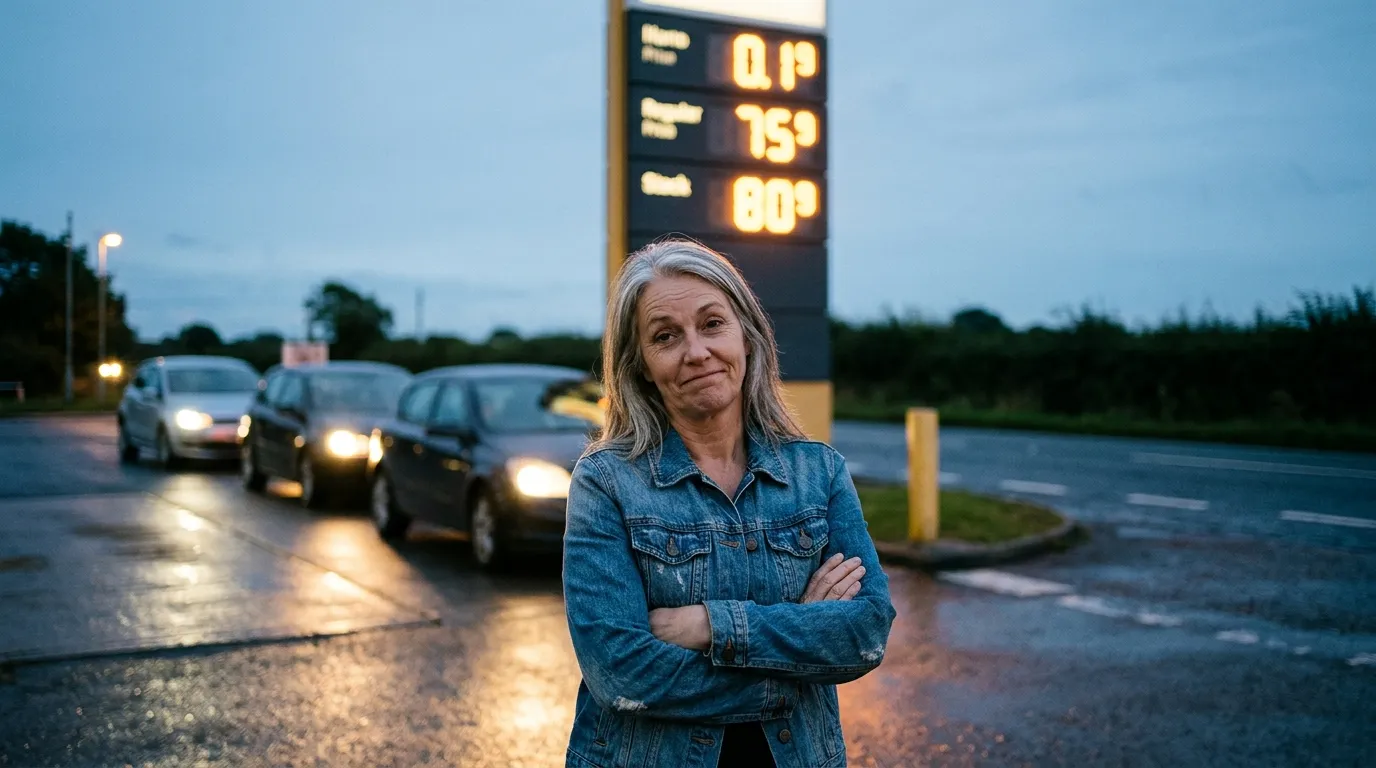 Gas Tops $4.38 After a Single Pump Decides to Round Up — AI-generated photograph · Fictional scene — no real people depicted